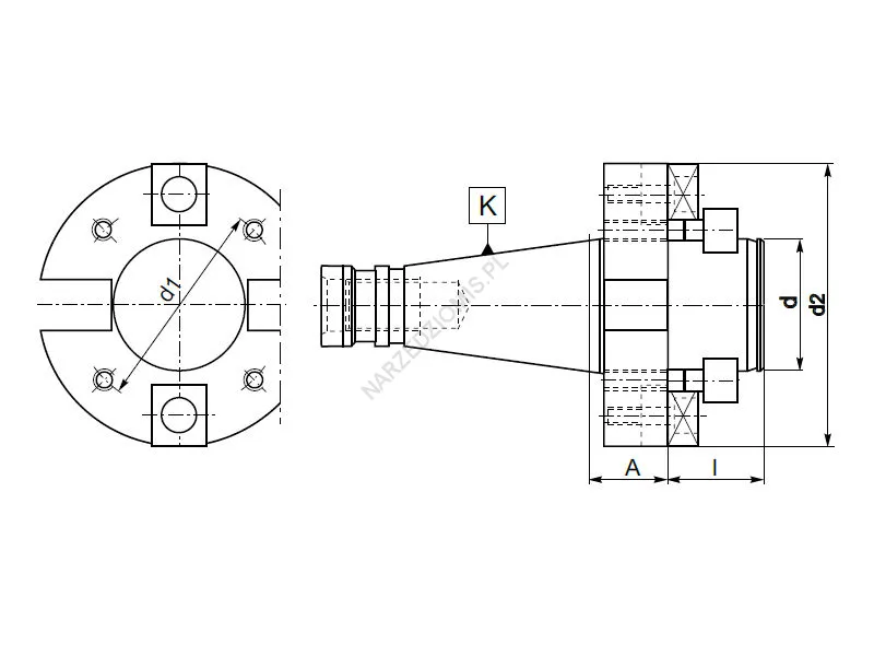 Rysunek techniczny: Trzpień frezarski z chw. DIN 2080 do głowic frezarskich: T.2824 ISO40/FI40 - KOLNO